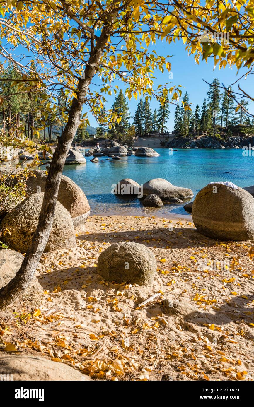 Round stones in turquoise water, Lake Tahoe Bay, Sand Harbor State Park, shore, California, USA Stock Photo