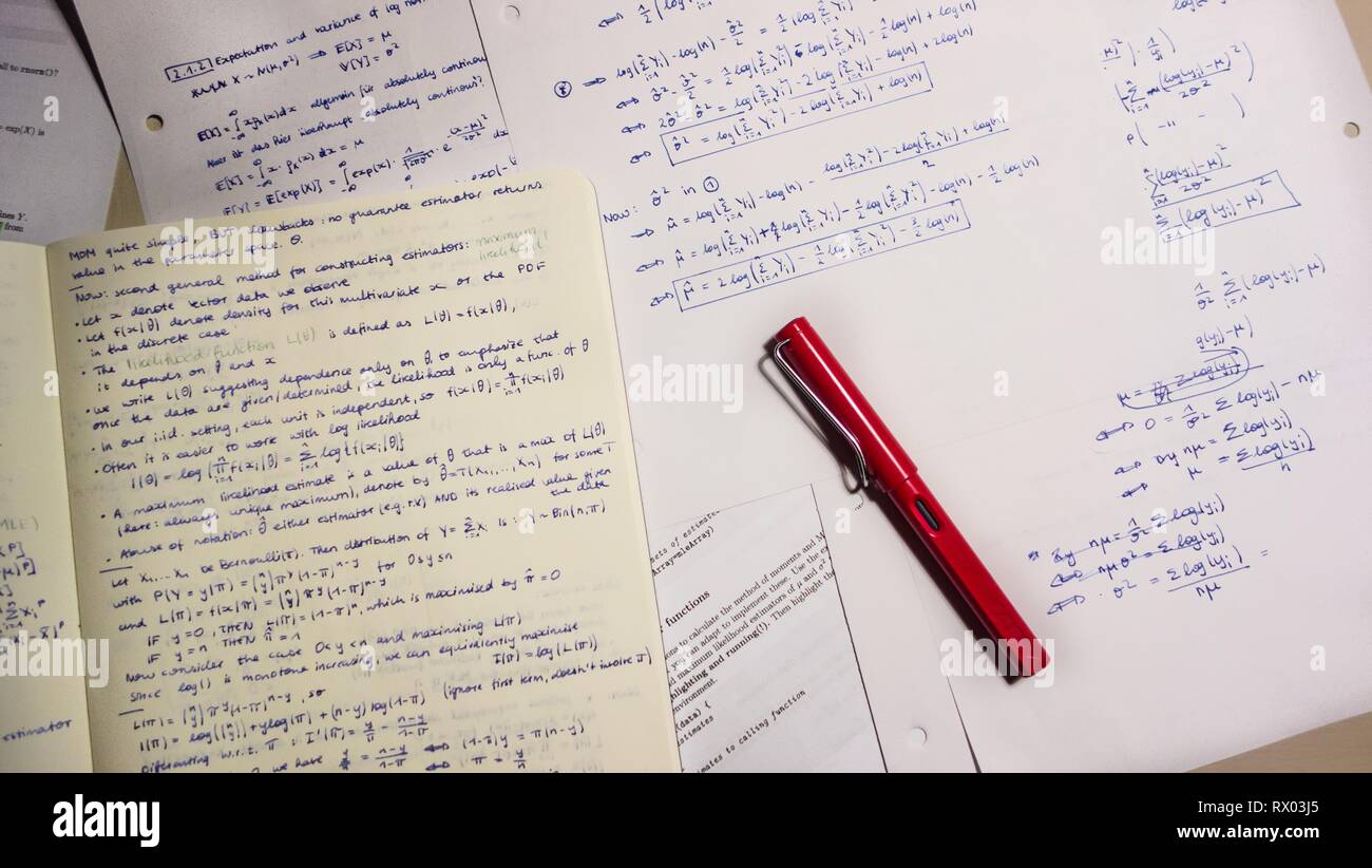 Fountain pen on lecture notes and exercises, mathematics, complicated