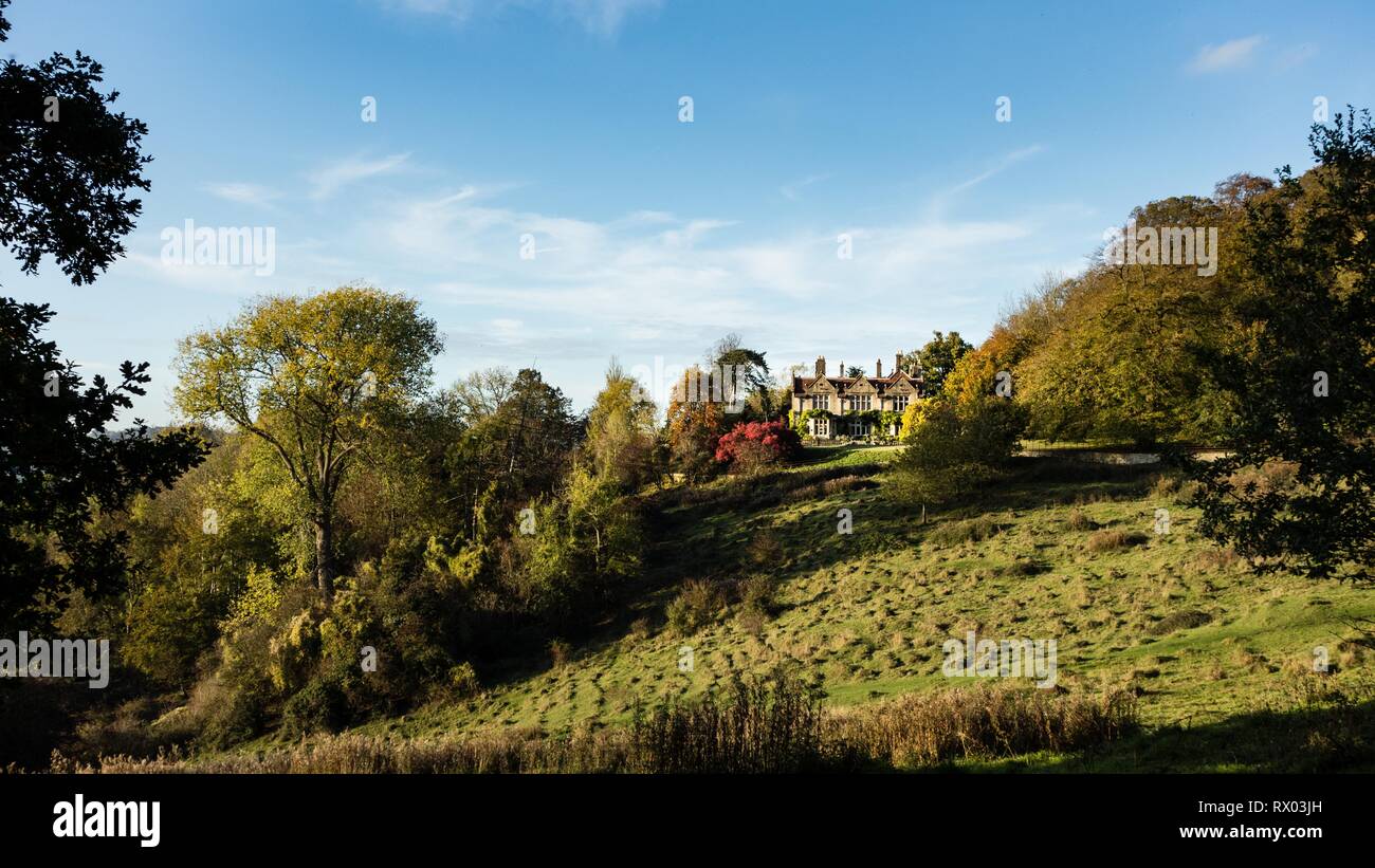 Country house in hilly autumn landscape, Bath, Somerset, England, Great Britain Stock Photo