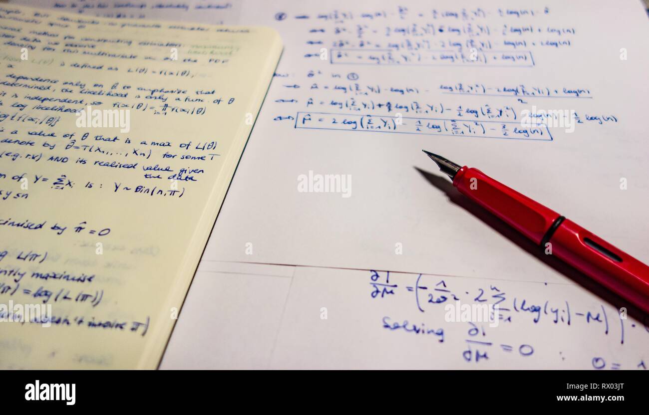 Fountain pen on lecture notes and exercises, mathematics, complicated