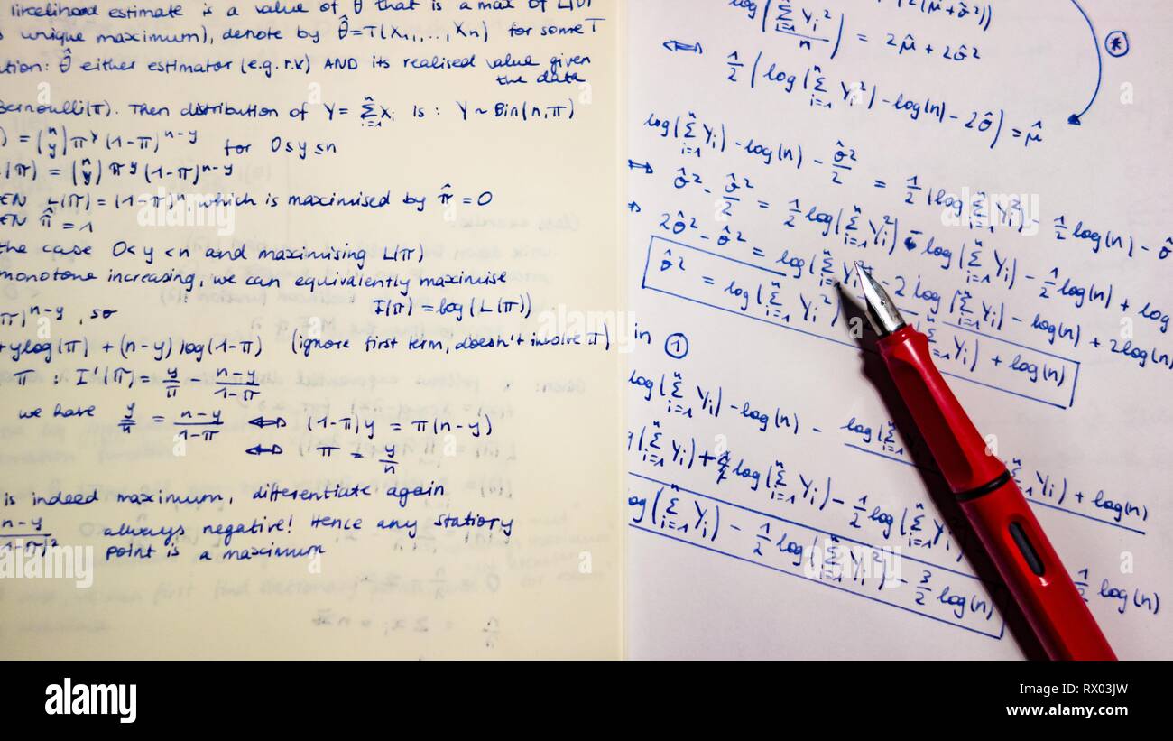 Fountain pen on lecture notes and exercises, mathematics, complicated