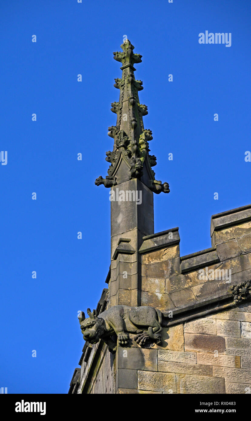 Pinnacle and False Gargoyle or Grotesque. Holy Trinity, Kendal Parish Church. Kirkland, Kendal, Cumbria, England, United Kingdom, Europe. Stock Photo