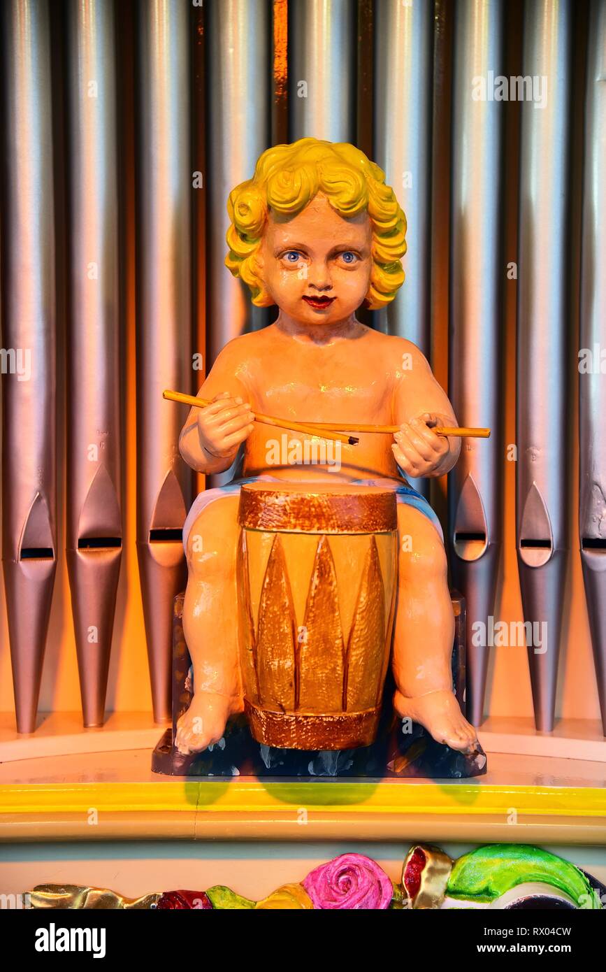 Drummer figure in front of organ pipes, self-playing organ from 1904, North Rhine-Westphalia, Germany Stock Photo