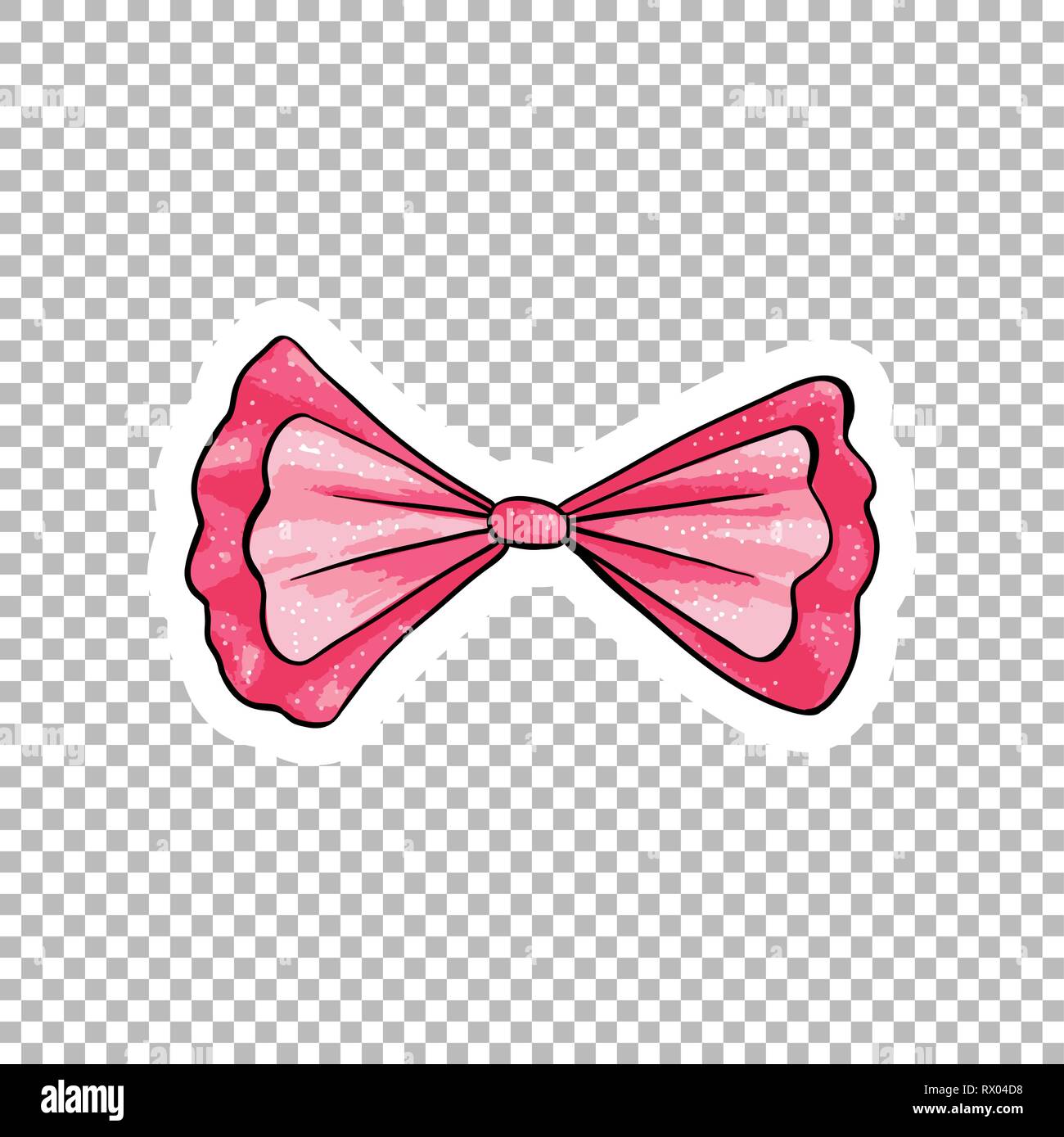 Pink bow hand drawn illustration. Ribbon knot contour drawing on transparent background. Dotted bowknot isolated flat doodle clipart. Bow-tie cartoon sticker. Greeting card watercolor design element Stock Vector