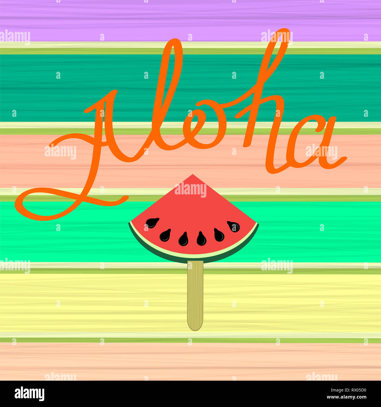 Lettering Vacation Text with Part of Watermelon on Colorful Wooden Planks. Hand Sketched Aloha Typography Sign Stock Photo