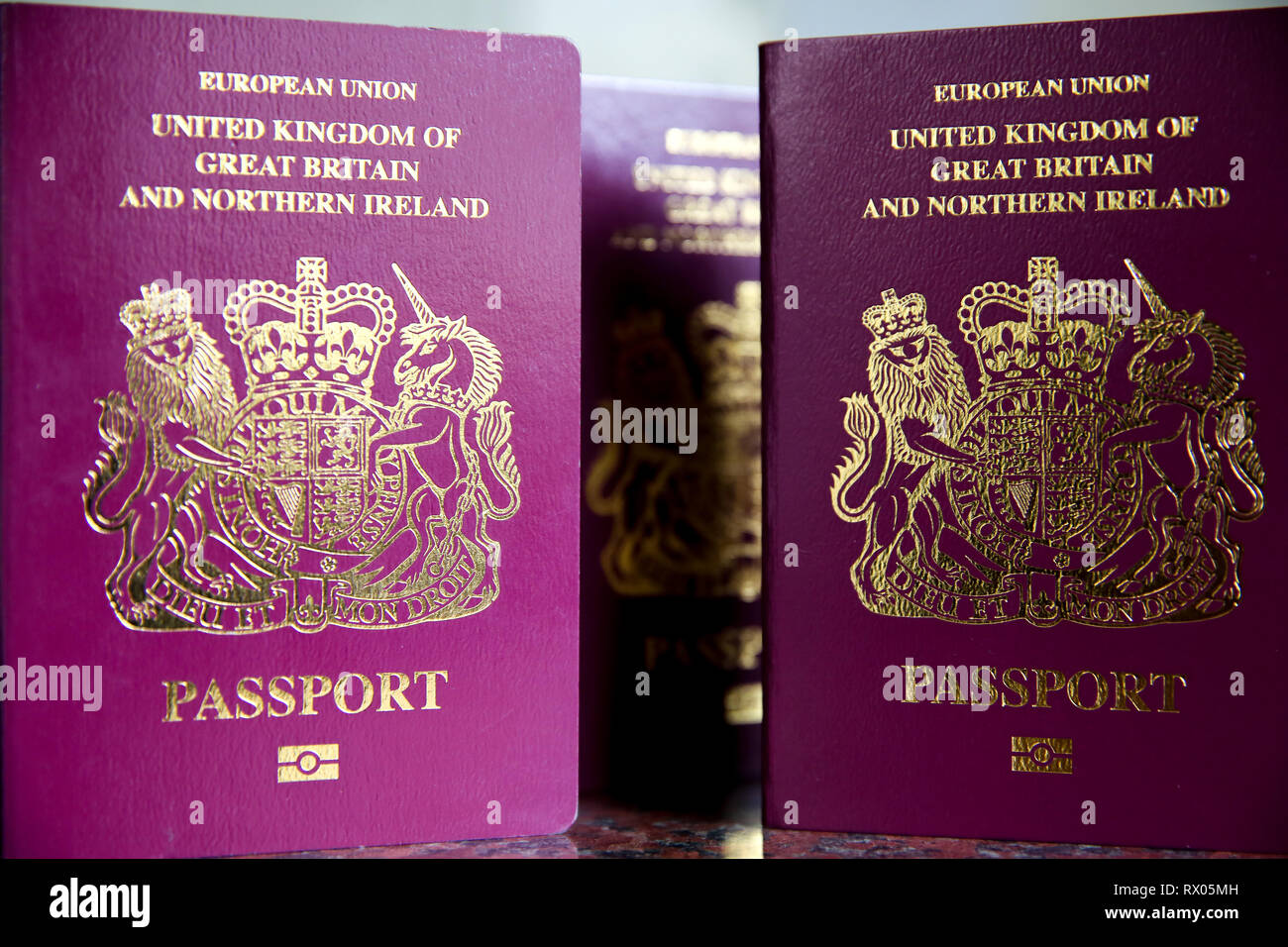 British Passports are seen as according to consumer group Which?, over three millions  British travellers could be banned from entering several European countries unless they renew their passports by Friday,8 March 2019 in the event of a no-deal Brexit. Stock Photo