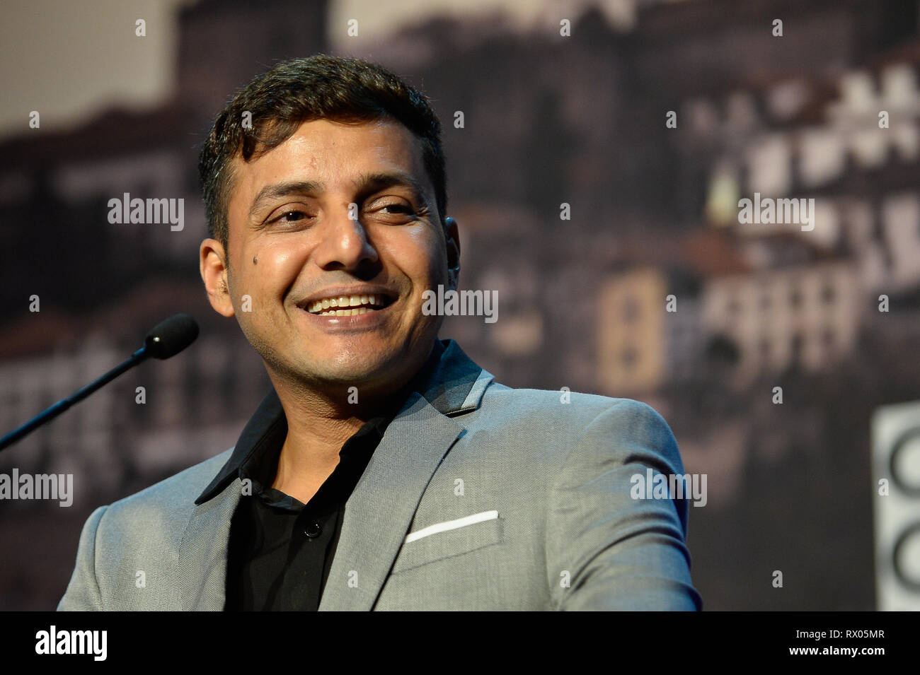 Afroz Shah, Indian Activist seen speaking during the Climate Change Porto Summit at Alfandega Congress Center. Stock Photo