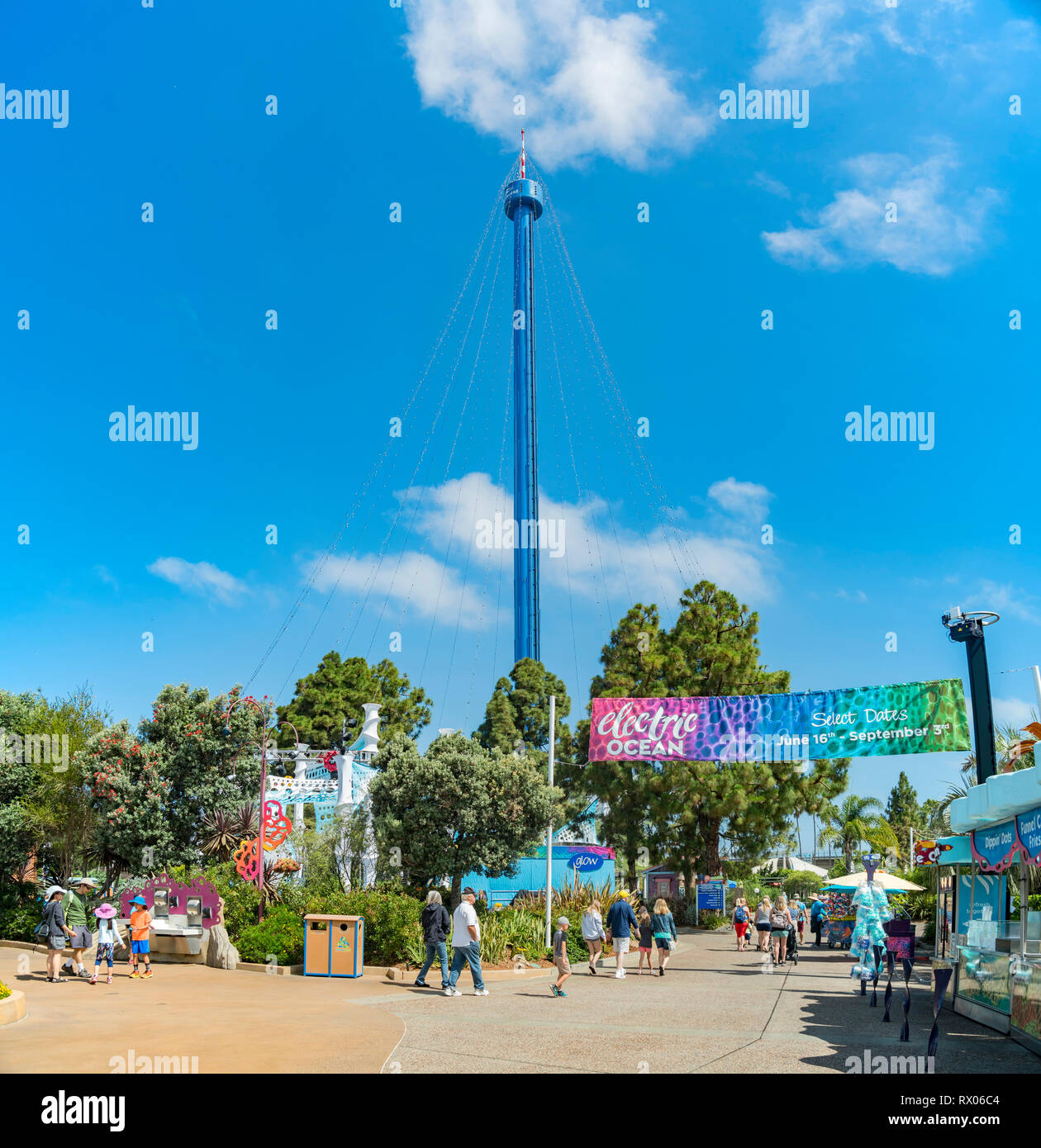 San Diego, JUN 27: Looking up the skytower in the famous SeaWorld on JUN 27, 2018 at San Diego, California Stock Photo