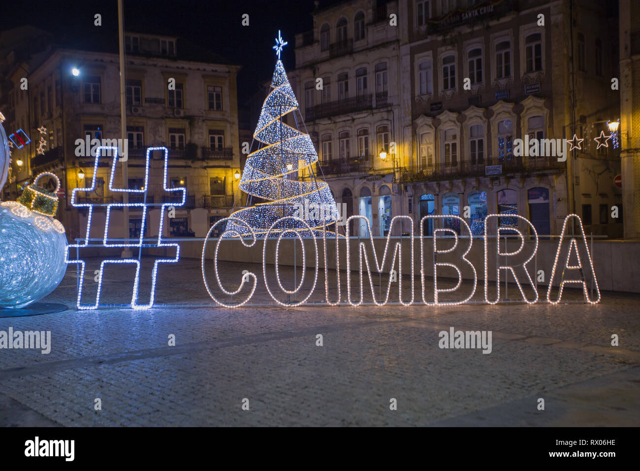 Christmas decorations and lights in the university city of Coimbra in Central Portugal Stock Photo