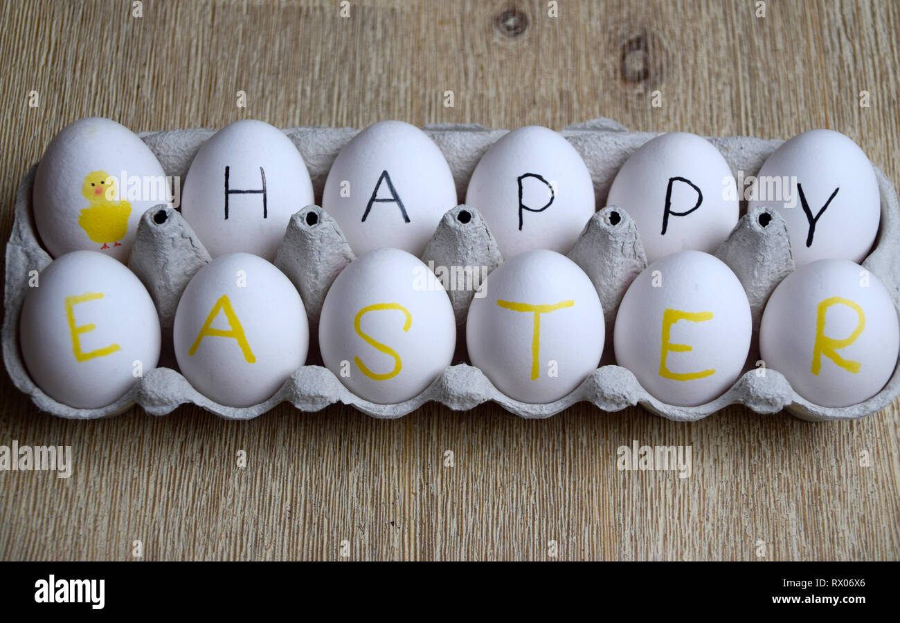 Fun box of eggs for Easter - with a Happy Easter message Stock Photo