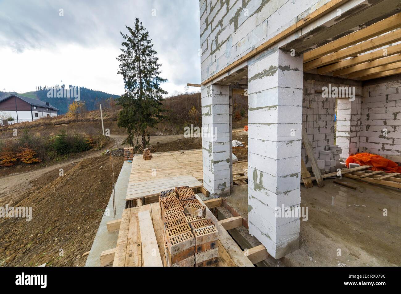 House Building Under Construction Basement Detail With Walls Made