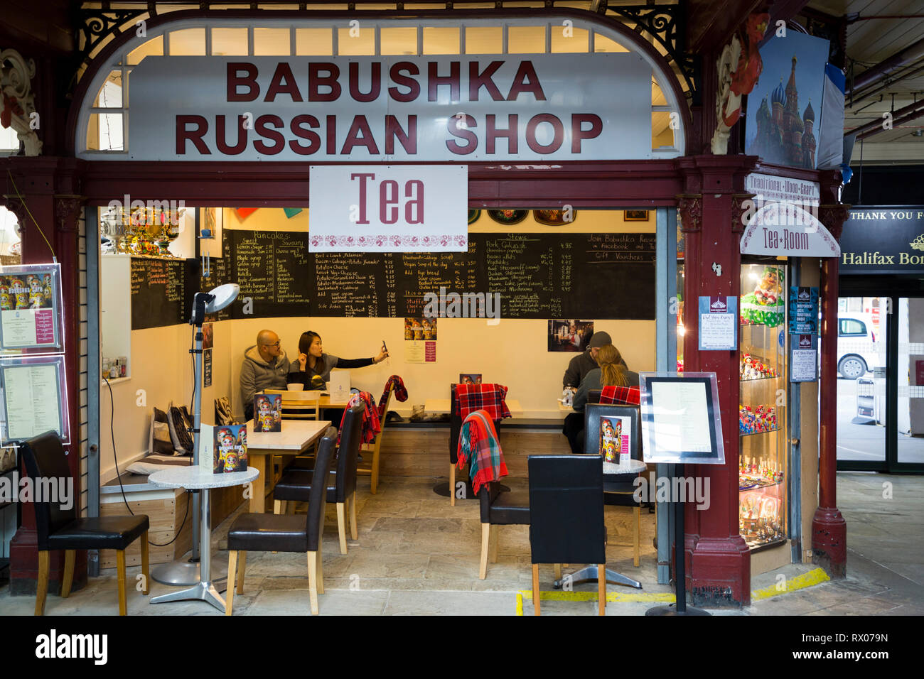 Babushka Russian stall shop / tea stall cafe with customers inside the
