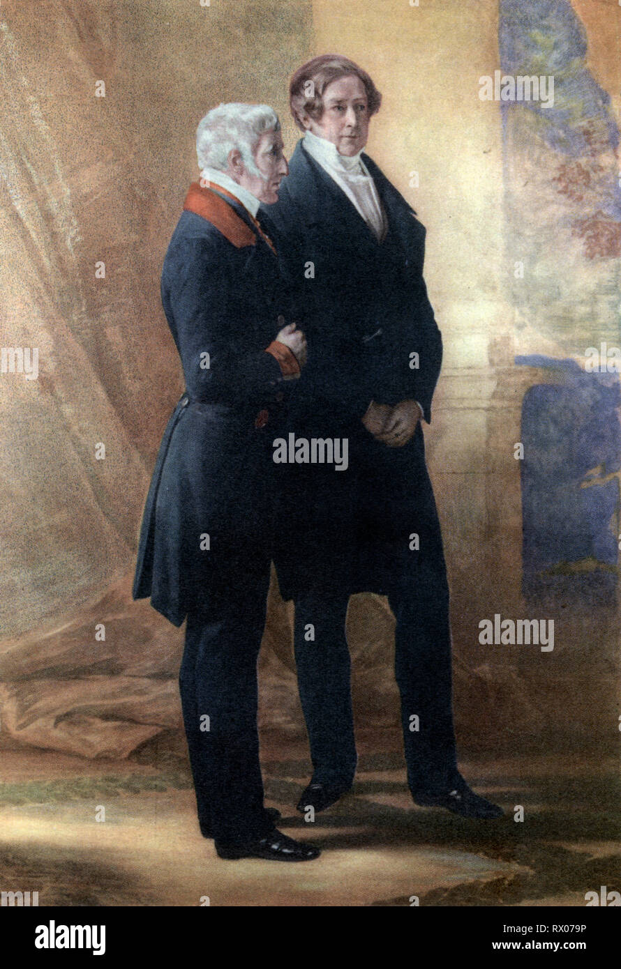 The Duke of Wellington and Sir Robert Peel, 1851. After Franz Xaver Winterhalter (1805-1873). The Conservative government of the United Kingdom of Great Britain and Ireland that began in 1828 and ended in 1830 was led by the Duke of Wellington in the House of Lords and Robert Peel in the House of Commons. Stock Photo