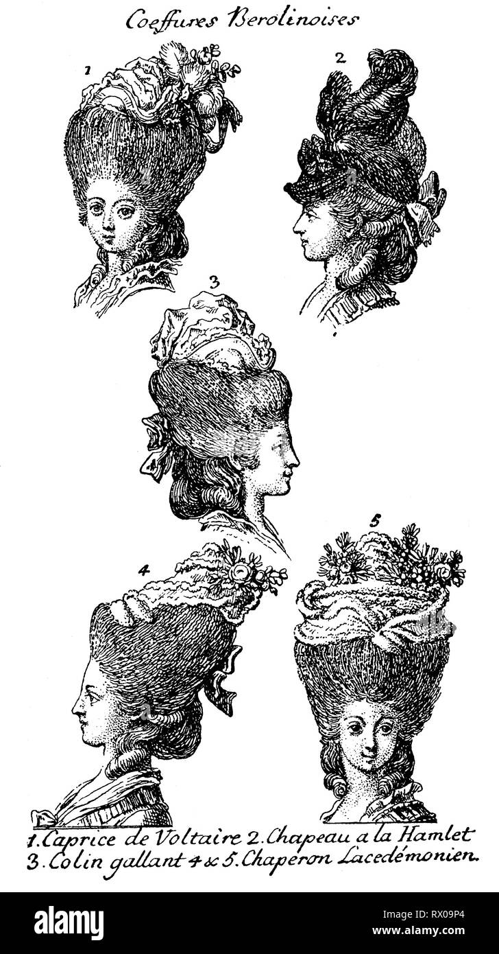 Berliner Trachten und Frisuren des 18. Jahrhunderts, Berlin, Deutschland, Caprice de Voltaire, Chapeau a la Hamlet, Colin gallant, Chaperon Lacedemonien  /  18th century berliner costumes and hairstyles, berlin, germany, Caprice de Voltaire, Chapeau a la Hamlet, Colin gallant, Chaperon Lacedemonien Stock Photo