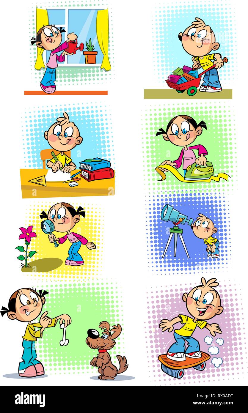 The illustration shows some housework for children. Rest and domestic work during the day. The illustration in cartoon style,  on separate layers. Stock Vector