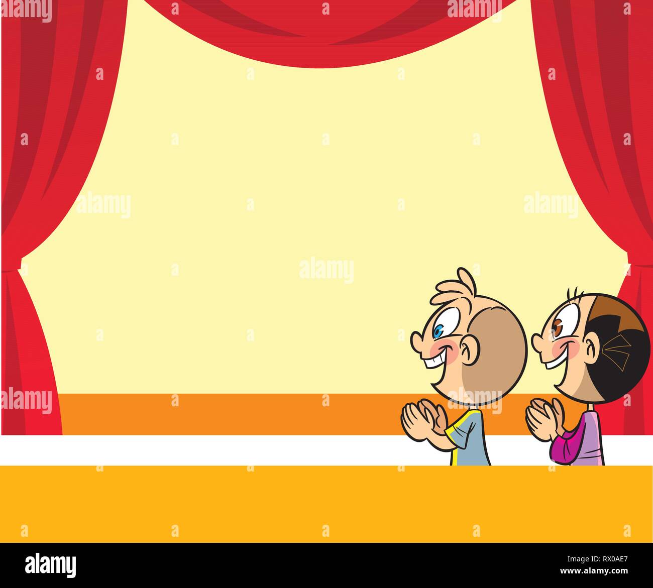 The illustration shows the children in the theater on the background of the scene Stock Vector