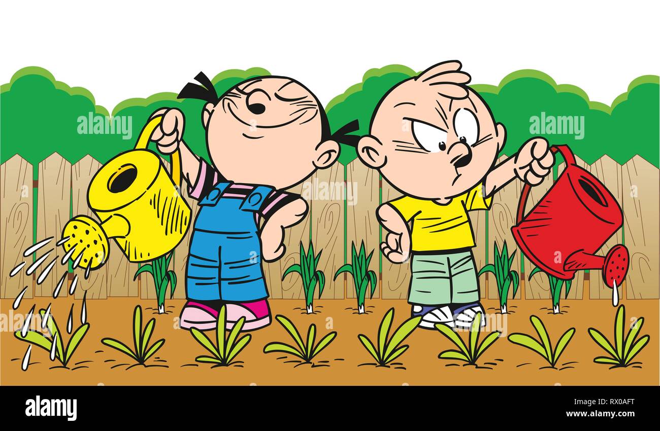 The illustration shows a boy and a girl working in the garden they