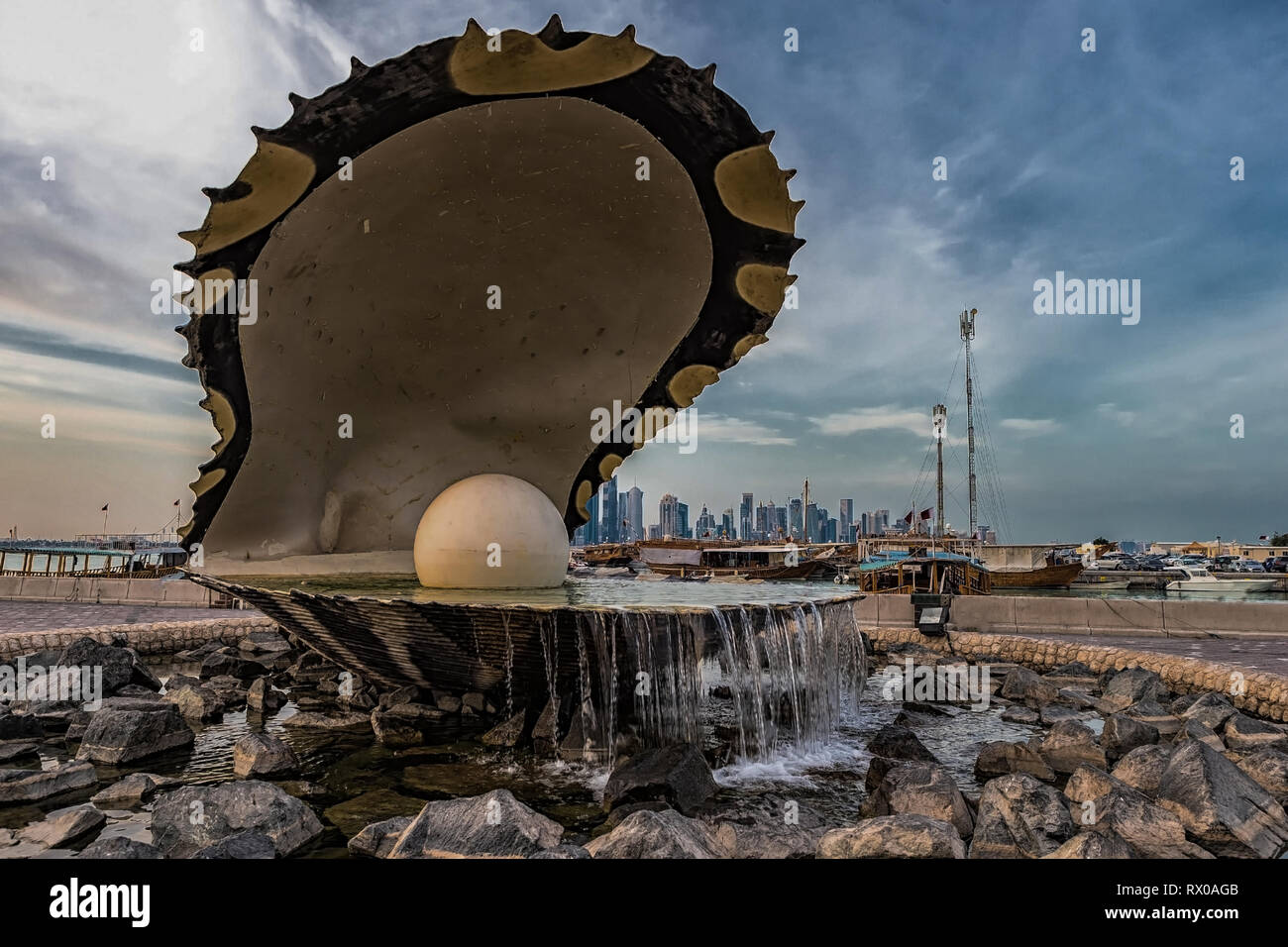 Doha, Qatar - January 7, 2019: Oyster Pearl fountain on the Corniche, Doha, Qatar. Stock Photo