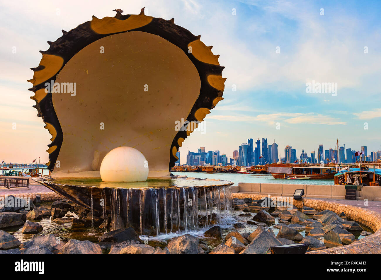 Doha, Qatar - January 7, 2019: Oyster Pearl fountain on the Corniche, Doha, Qatar. Stock Photo
