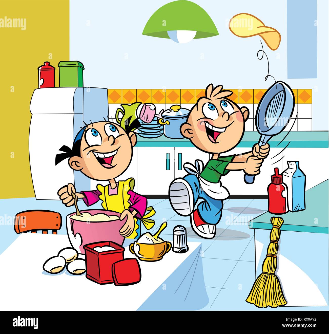 In vector illustration, cartoon girl and boy prepare food in the kitchen. Fun kids bake pancakes. Stock Vector
