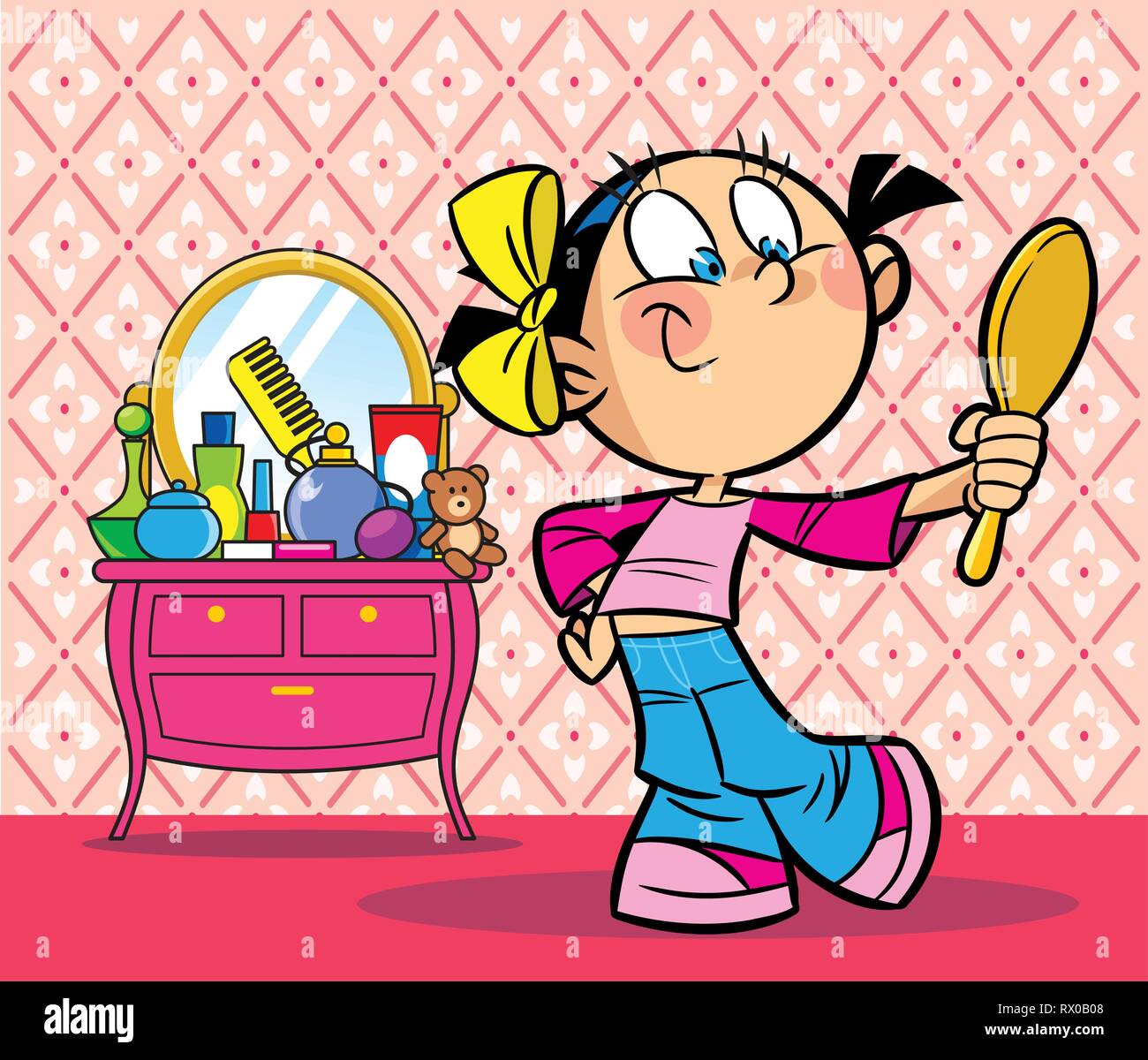 In the picture fun girl in the mirror admiring is in the room beside the table with makeup. Illustration done in cartoon style Stock Vector Image & Art - Alamy In the picture fun girl in the mirror admiring is in the room beside the table with makeup. Illustration done in cartoon style Stock Vector Image & Art - Alamy