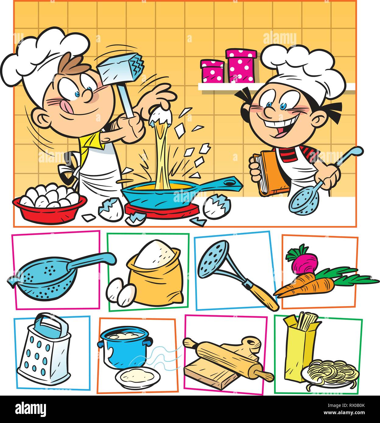 The illustration shows how fun the children are preparing a meal, as well as food ingredients for cooking. Illustration done in cartoon style. Stock Vector