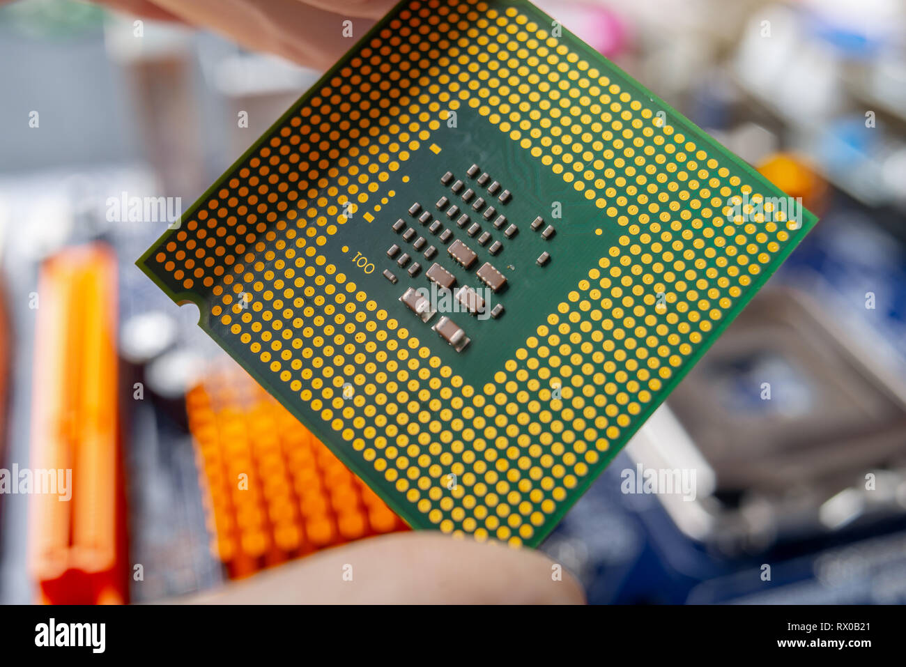 Chip microprocessor in the hands of an engineer technician for the ...