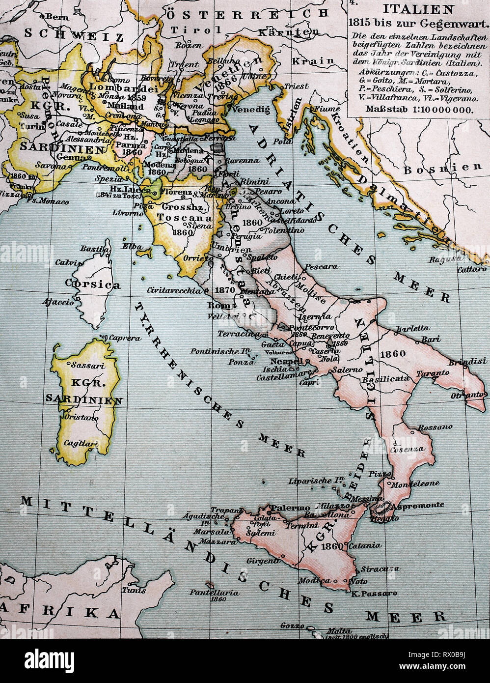 Landkarte von Italien zwischen 1815 bis 1885 / Map of Italy between 1815 and 1885 Stock Photo
