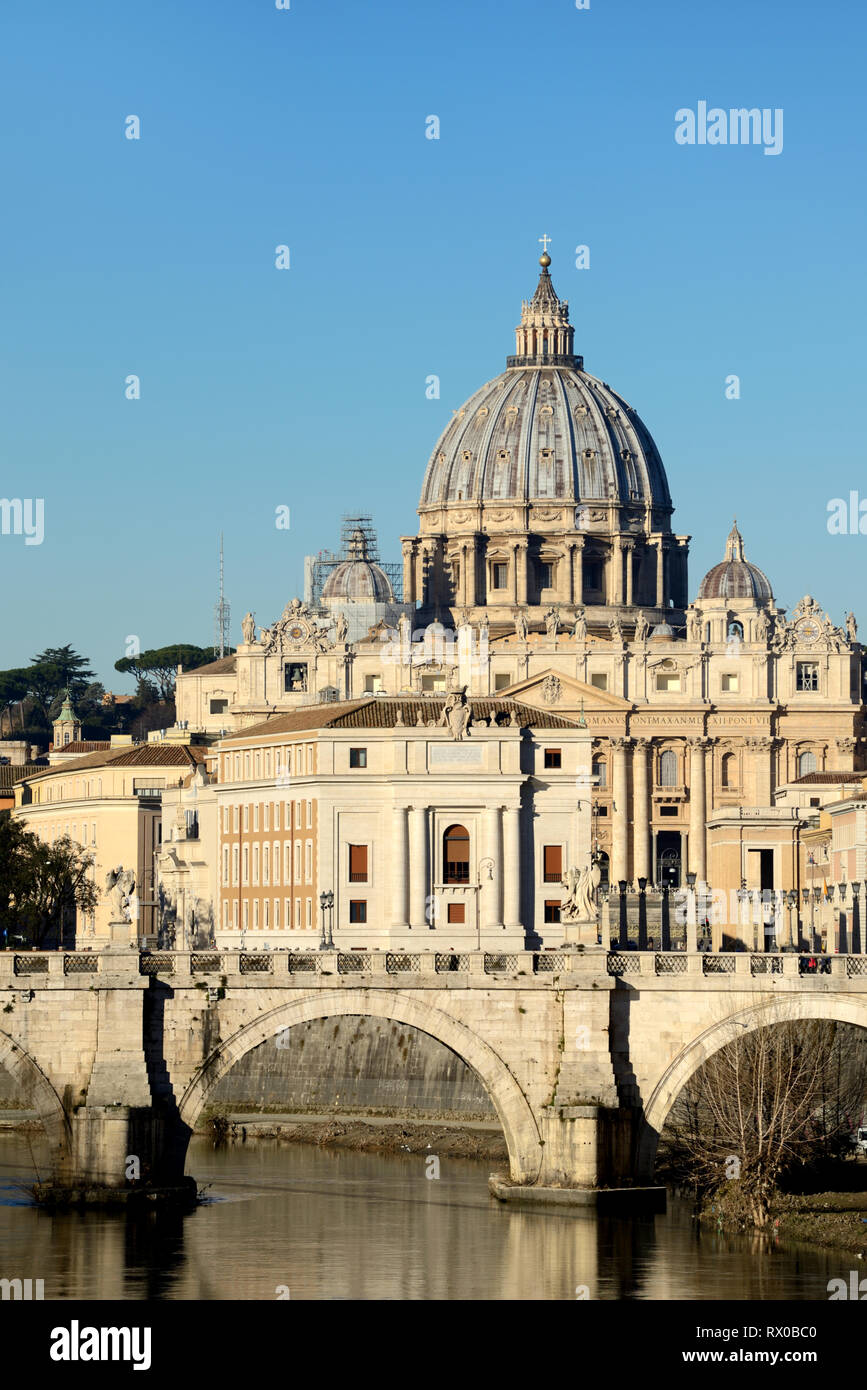 Saint Pierre Basilica or Saint Peter's Basilica, Ponte Vittorio Emanuele II Bridge and the Tiber River Rome Italy Stock Photo