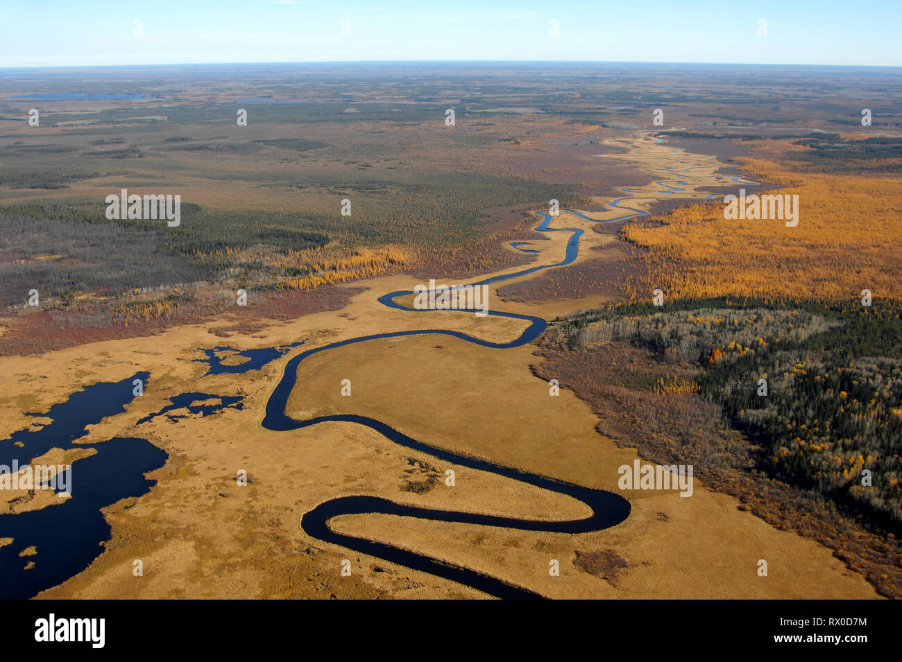 aerial, Keeley River, flowing to Canoe Lake, Saskatchewan Stock Photo