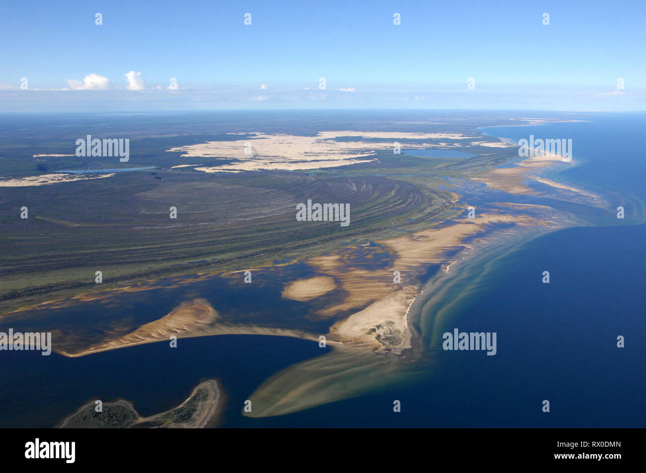 aerial, shoreline, Athabasca Sand Dunes Prov Park, Lake Athabasca, Saskatchewan Stock Photo