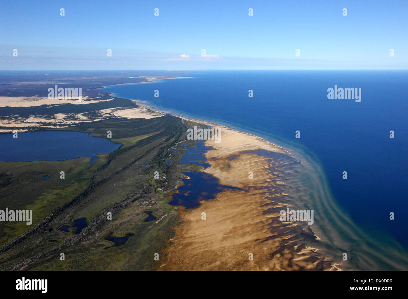 aerial, shoreline, Athabasca Sand Dunes Prov Park, Lake Athabasca, Saskatchewan Stock Photo