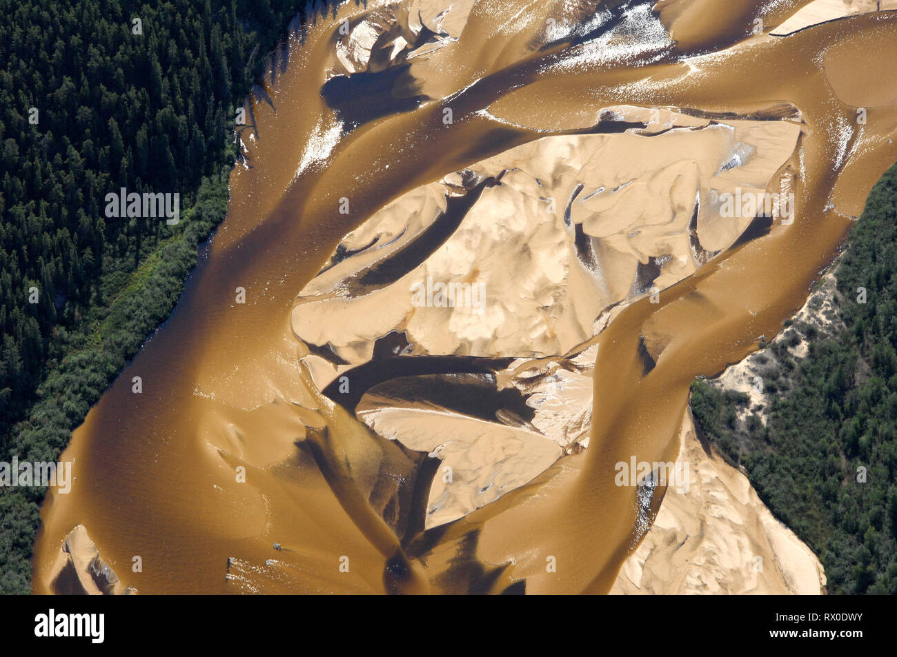 aerial, William River, Athabasca Sand Dunes Prov Park, Lake Athabasca, Saskatchewan Stock Photo