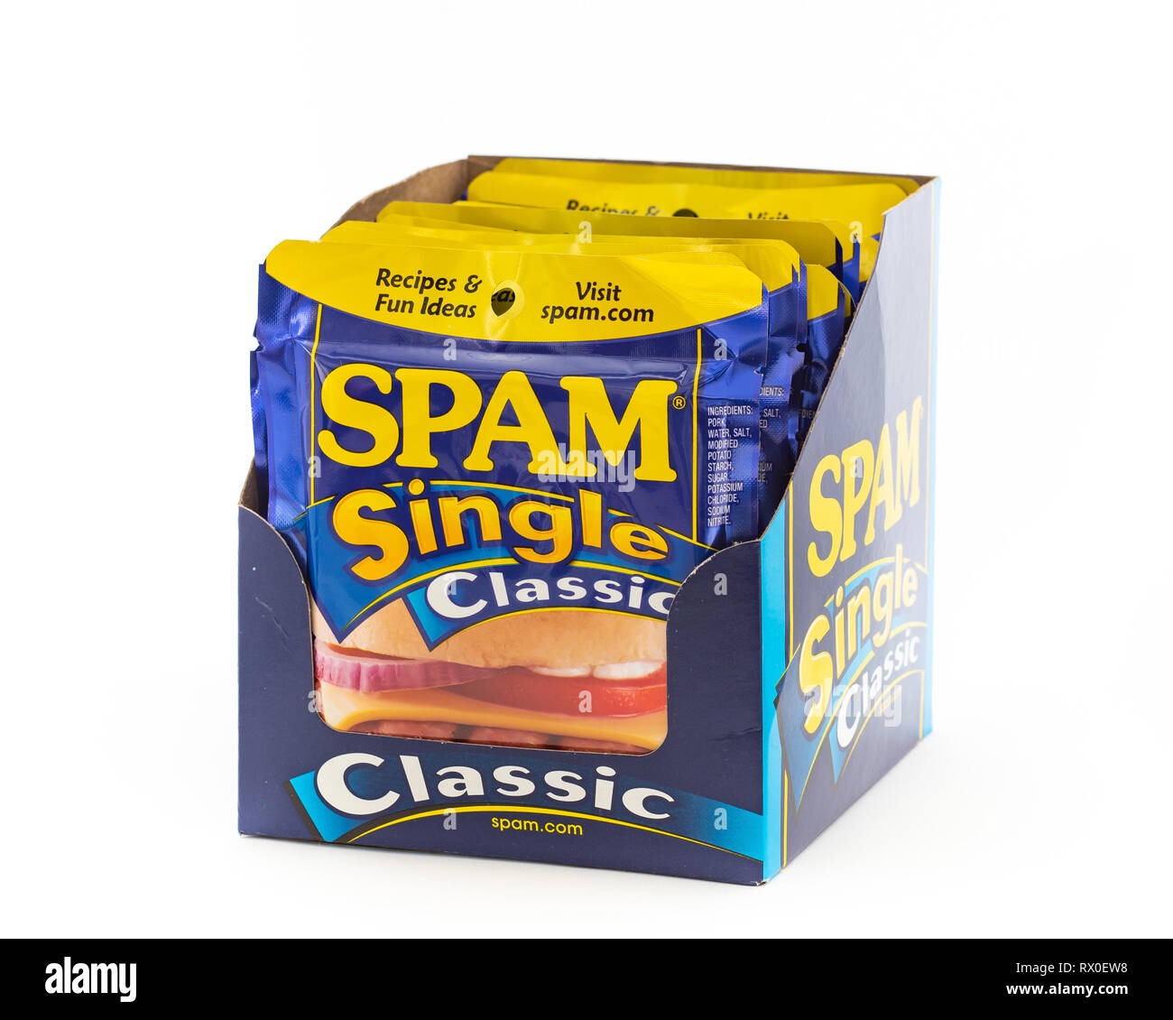 A display box of Hormel Spam Singles Classic, in individual single serving pouches. Stock Photo