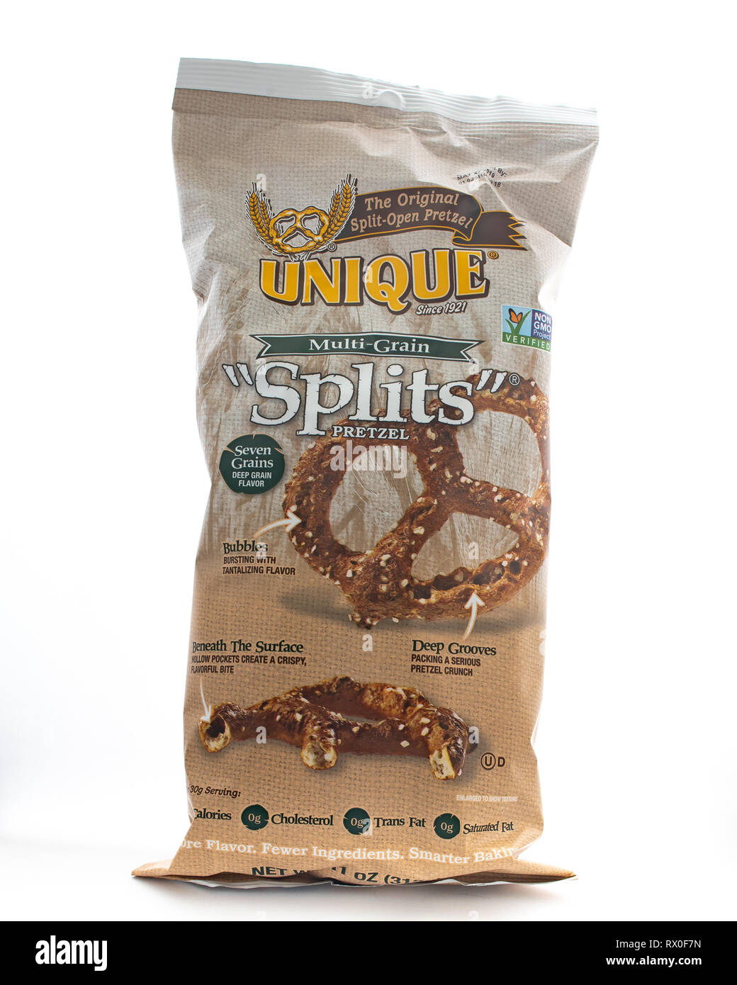 A bag of Unique ulti-grain Splits pretzels - a distinctive unique ppretzel produced in Reading PA USA Stock Photo