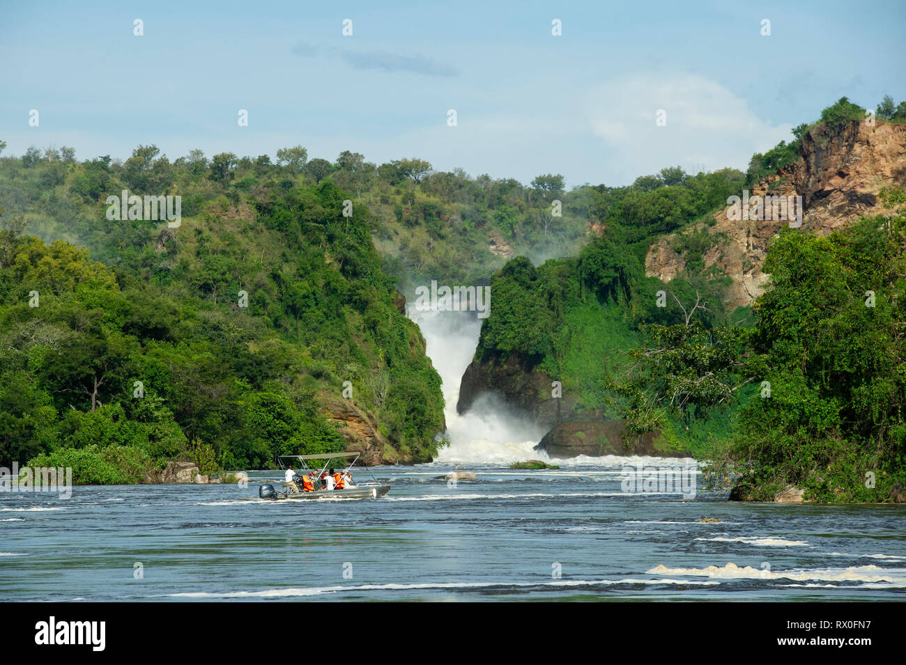 Boat trip to Murchison Falls on the Victoria Nile, Murchison Falls National Park, Uganda Stock Photo