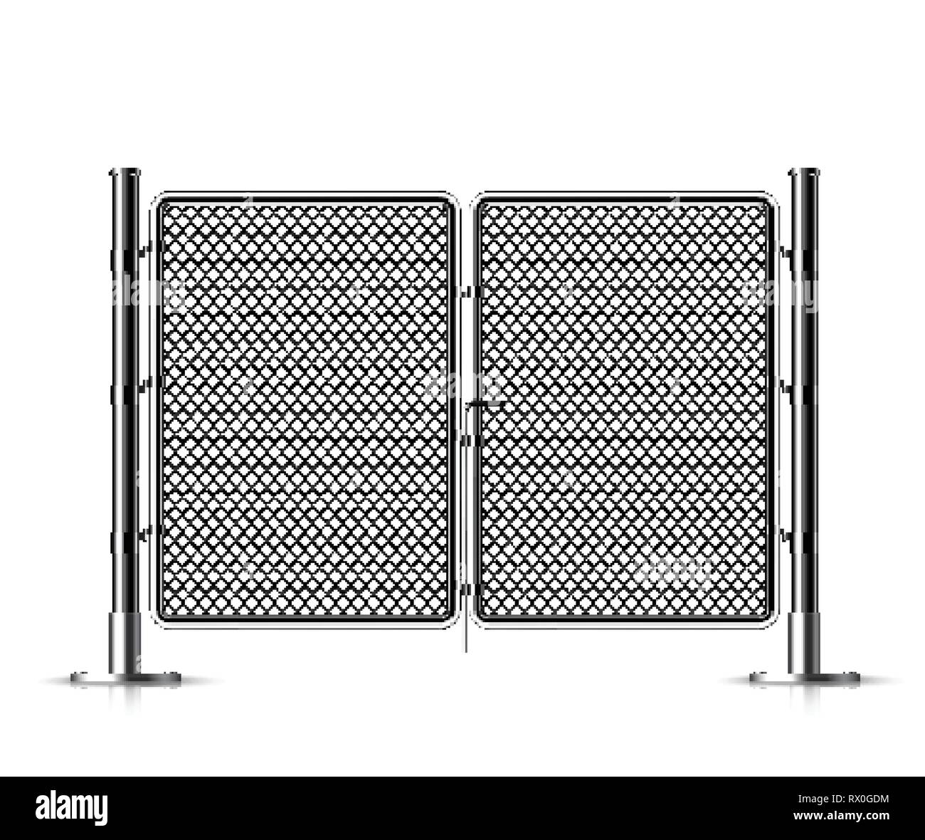 Realistic metal chain link fence. Rabitz. Art design gate. Cemetery