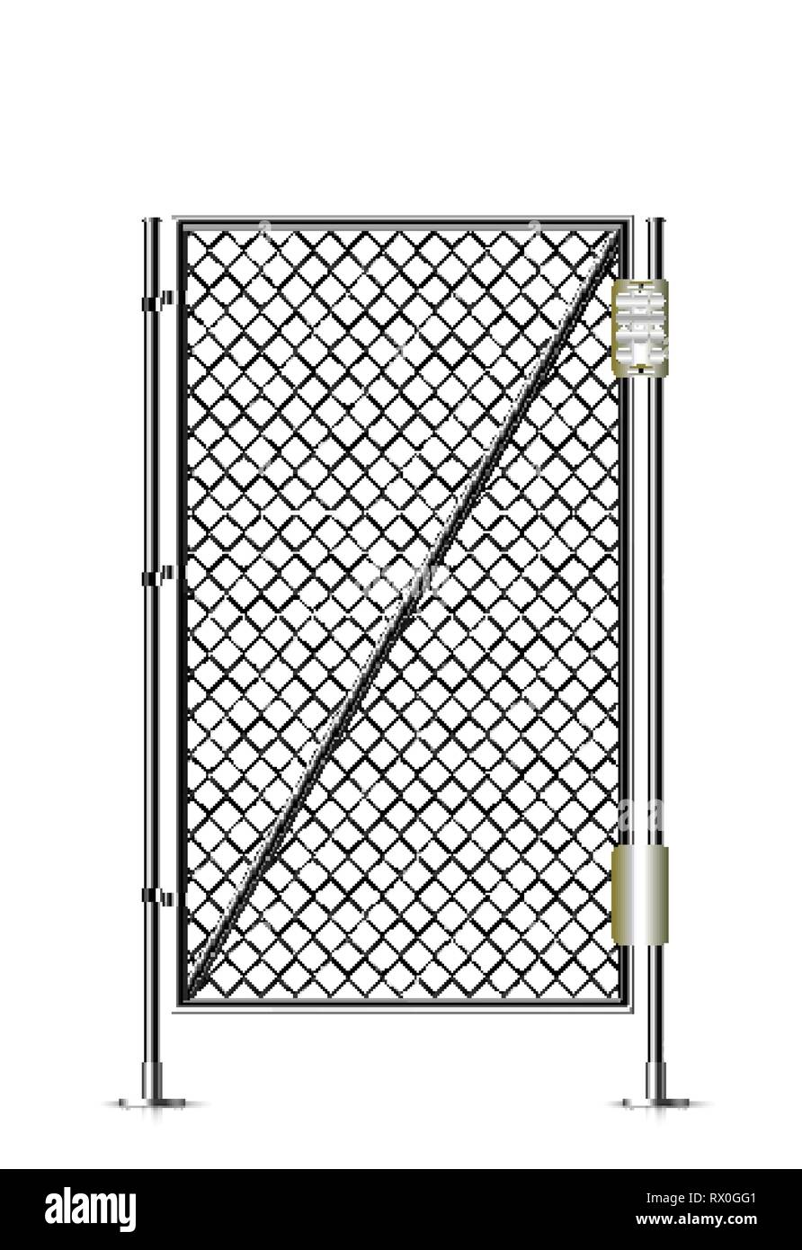 Realistic metal chain link fence. Art design gate. Prison barrier