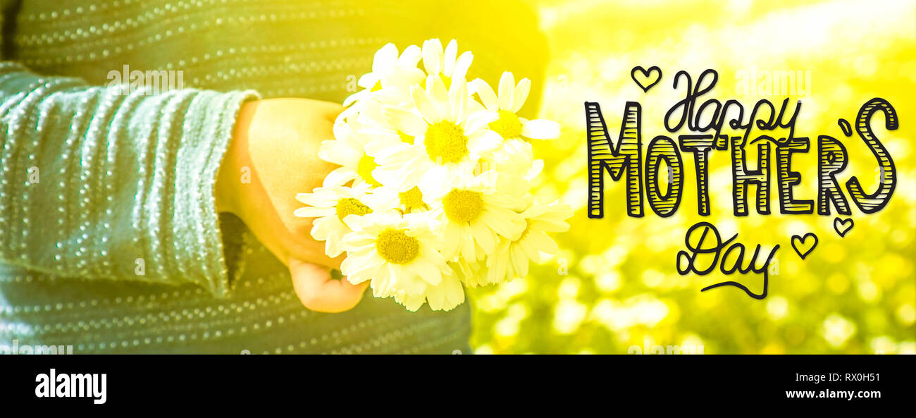 Child, Bouquet Of Daisy Flower, Calligraphy Happy Mothers Day Stock ...