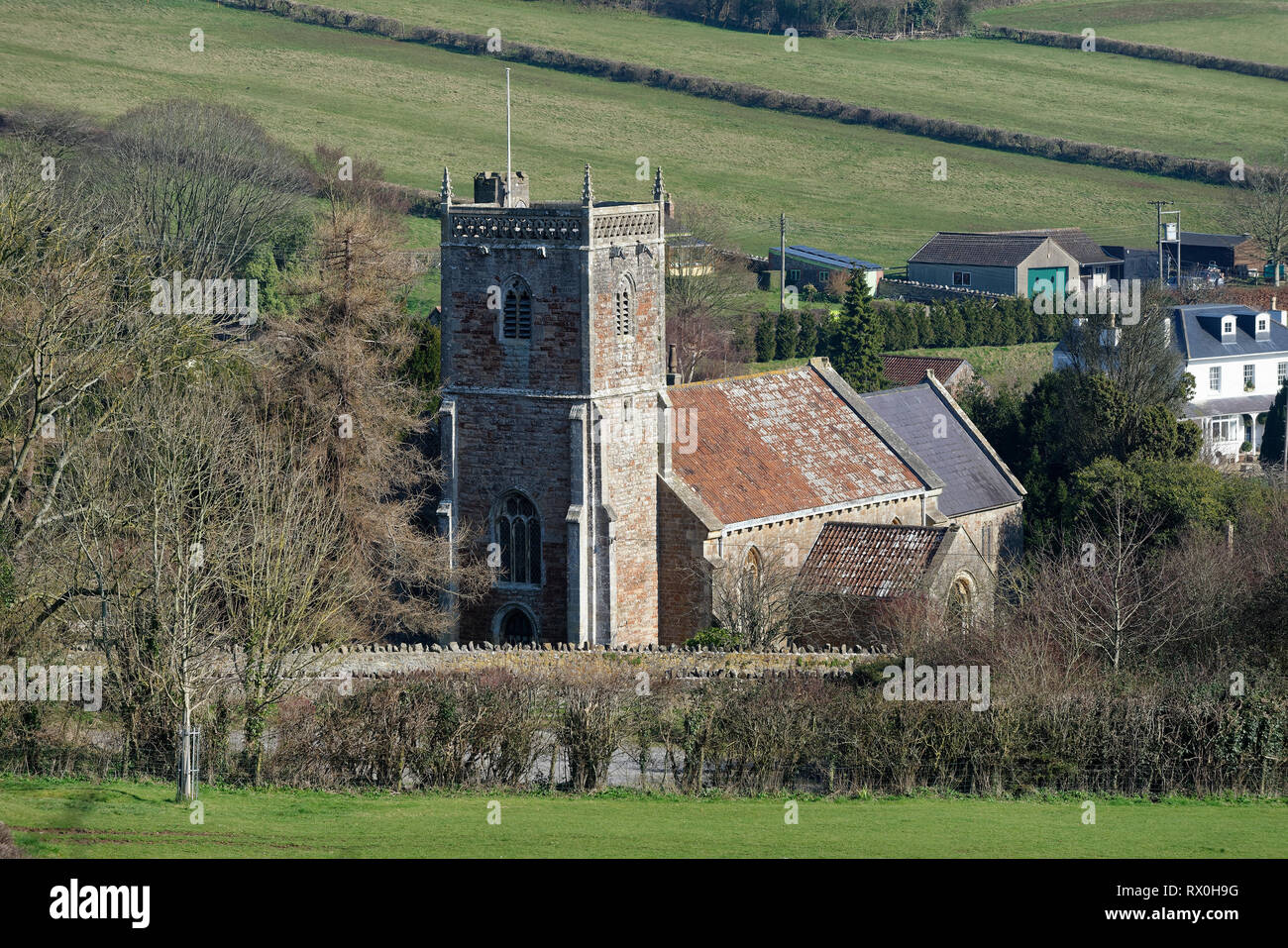 St Andrews Church, Compton Bishop  13th century grade I listed church below the slopes of Wavering Down & Crook Peak Stock Photo