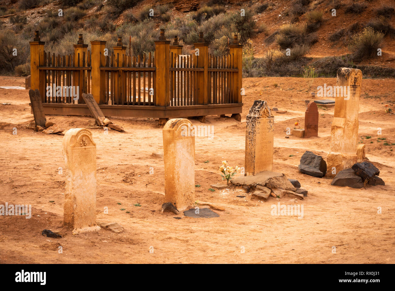 Tombstones in the Grafton Cemetery, Grafton ghost town, Utah USA Stock