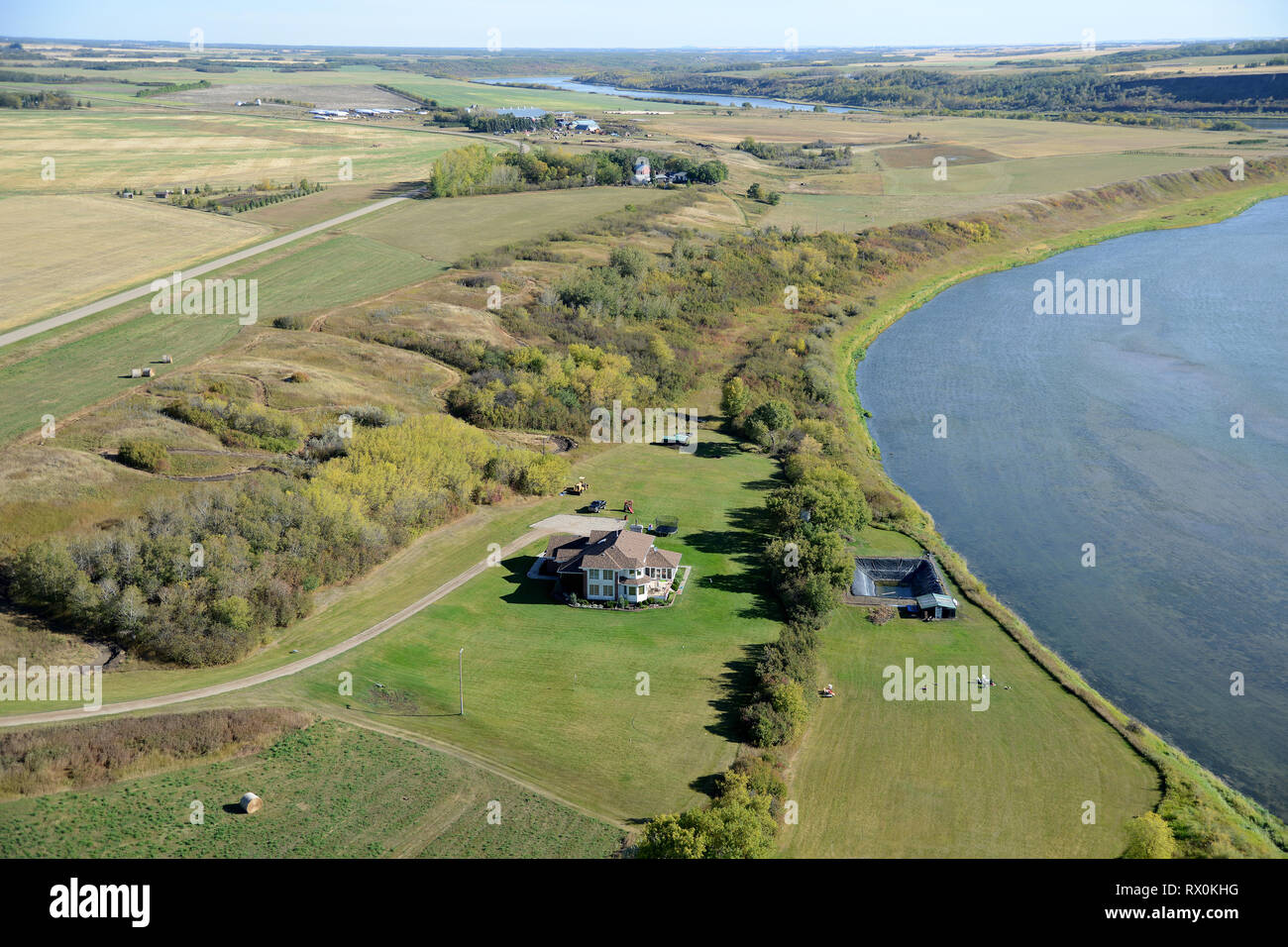 aerial, acreage living, South Saskatchewan River, Blumenthal, Saskatchewan Stock Photo