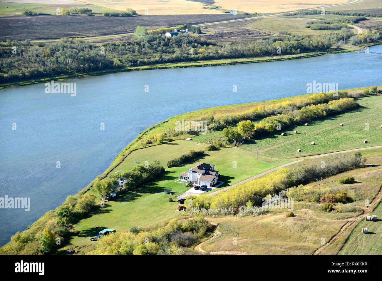 aerial, acreage living, South Saskatchewan River, Blumenthal, Saskatchewan, Canada Stock Photo