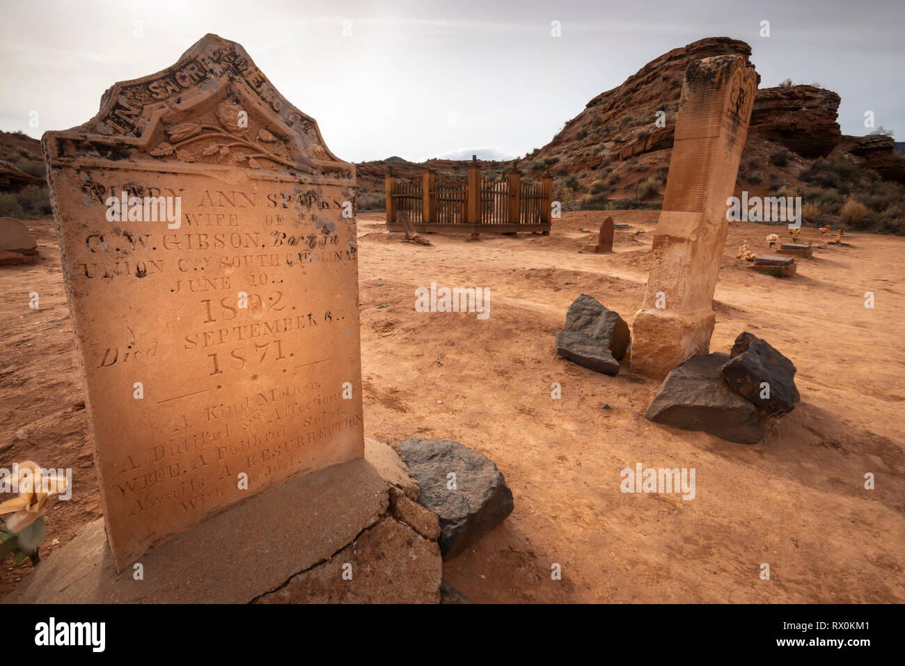 Tombstones in the Grafton Cemetery, Grafton ghost town, Utah USA Stock