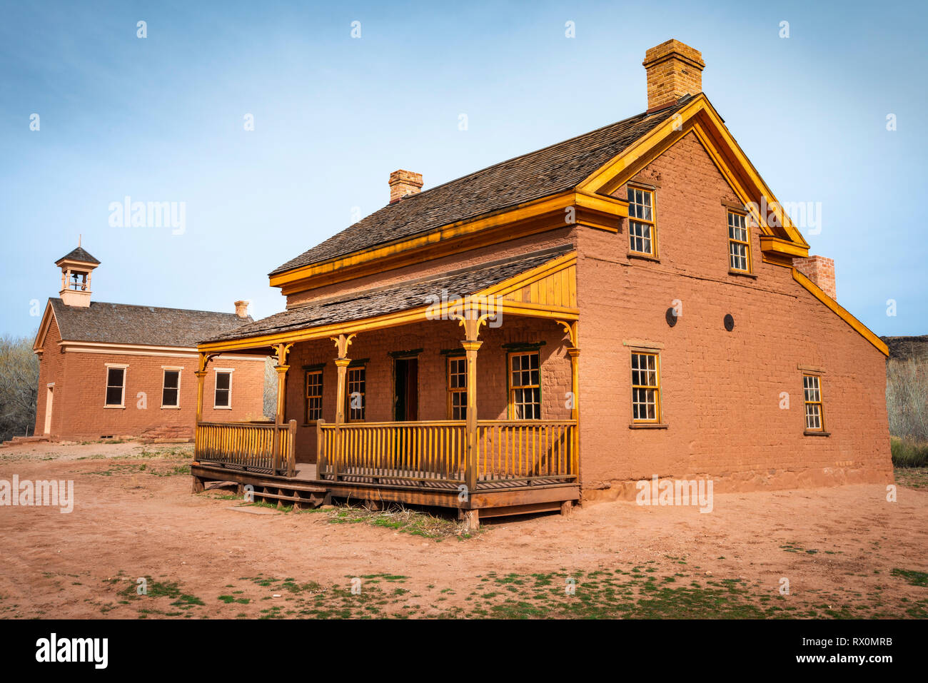 Alonzo Russell adobe house (featured in the film "Butch Cassidy and the Sundance Kid") and schoolhouse, Grafton ghost town, Utah USA Stock Photo