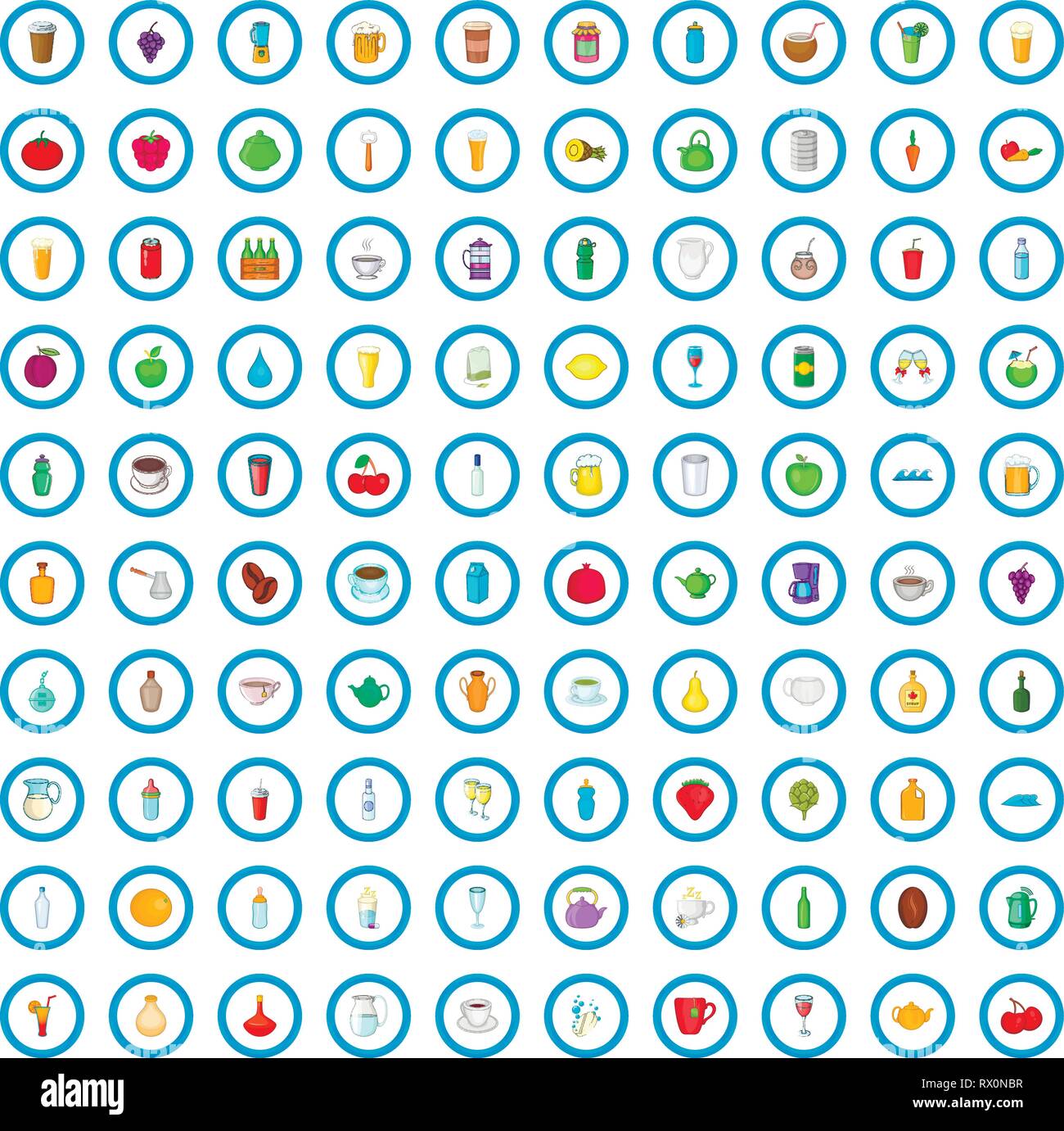 100 drink icons set, cartoon style Stock Vector