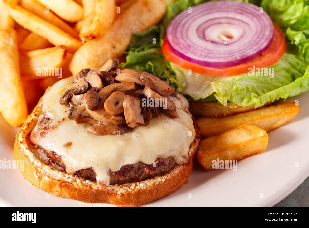 Mushroom Burger with French Fries Stock Photo