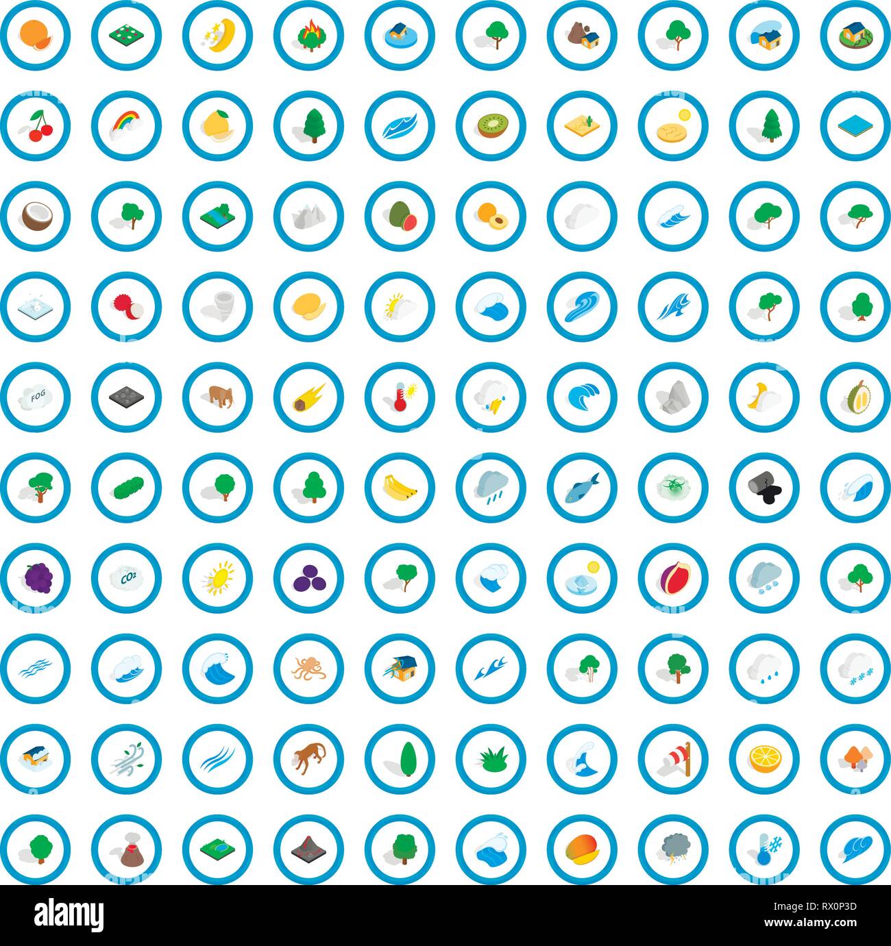 100 earth icons set, isometric 3d style Stock Vector