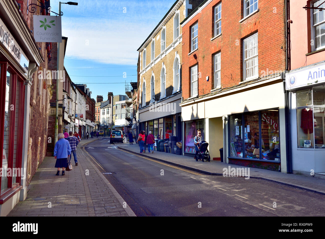 High street with shops in Tiverton, Devon, UK Stock Photo