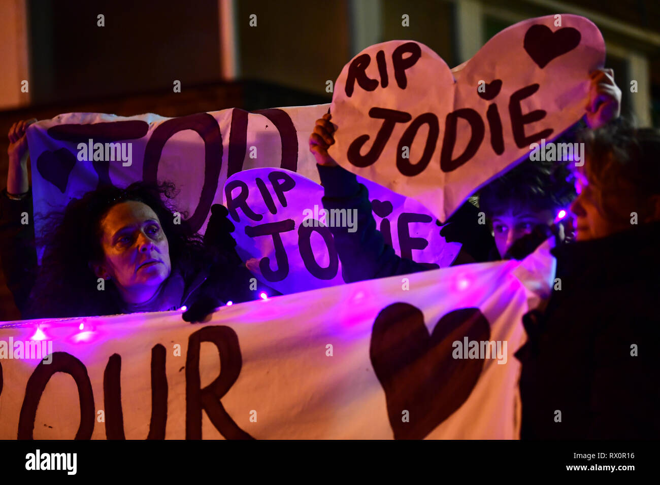 Banners and signs are held up in Romford town centre as part of a protest of the fatal stabbing of Jodie Chesney, who was playing music with friends near a children's playground at Harold Hill, east London, on Friday when she was knifed in the back in a seemingly motiveless attack. Stock Photo